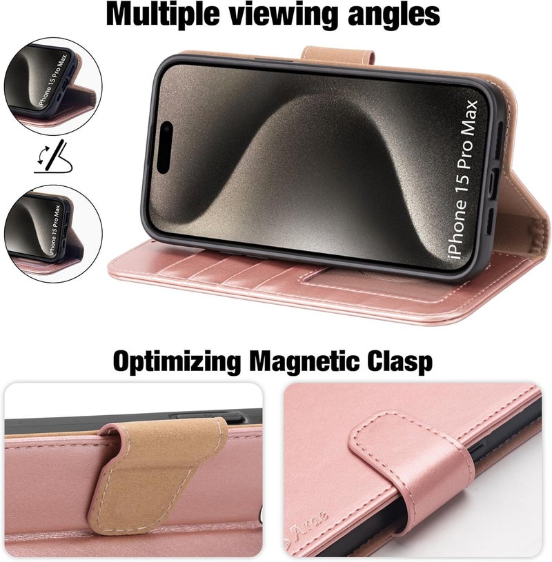 Arae Compatible with iPhone 15 Pro Max Case with Card Holder and Wrist Strap Wallet Flip Cover for iPhone 15 Pro Max 6.7 inch,Rose Gold - Image 3